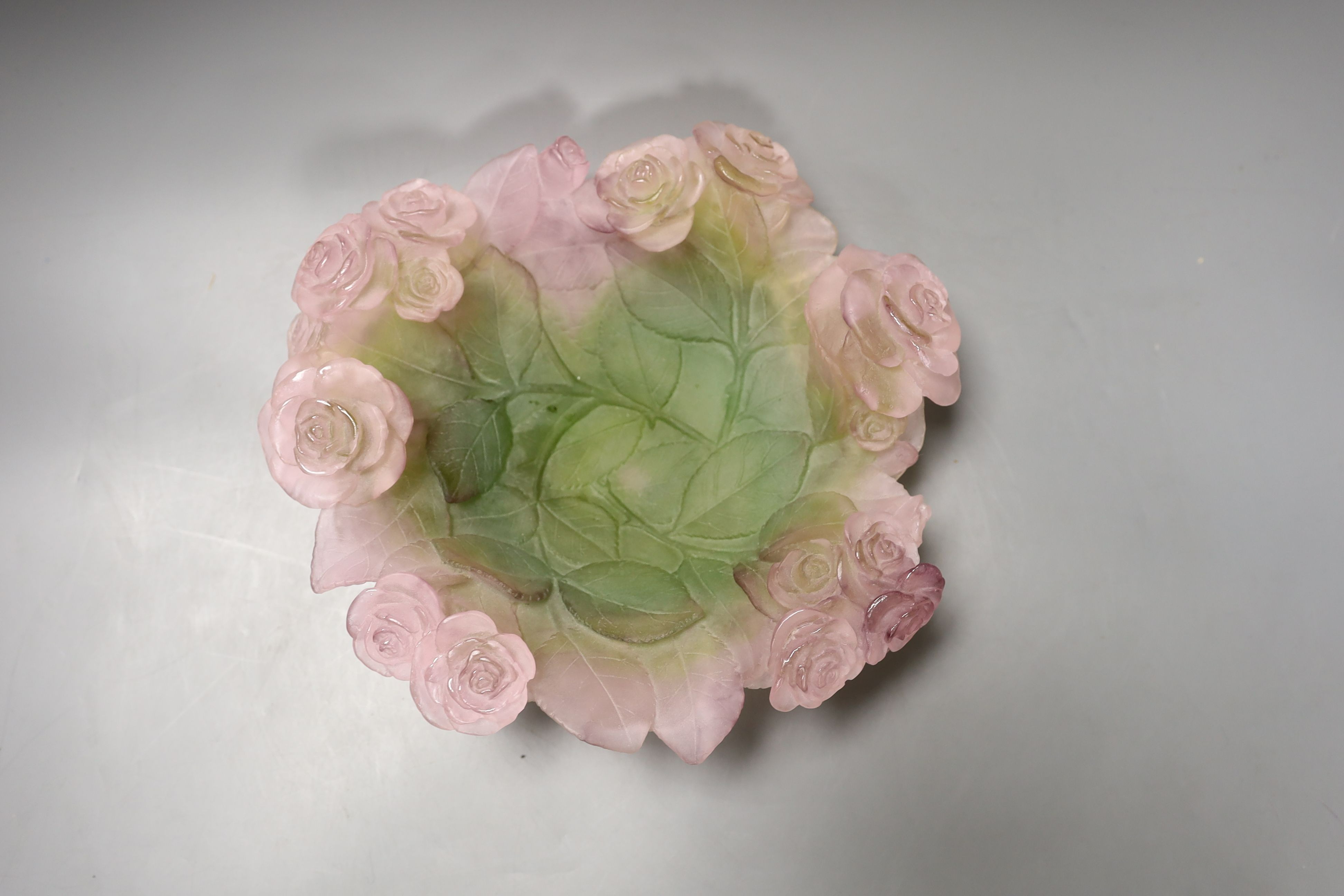 A modern boxed Daum pâte de verre (Cristal) ‘rose’ dish, signed Daum France